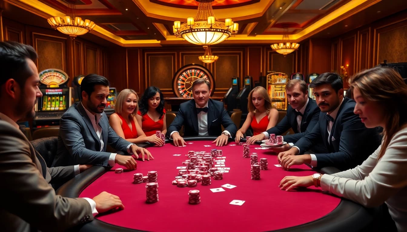 Experience high-stakes excitement at 68VIP with players at a luxurious poker table.
