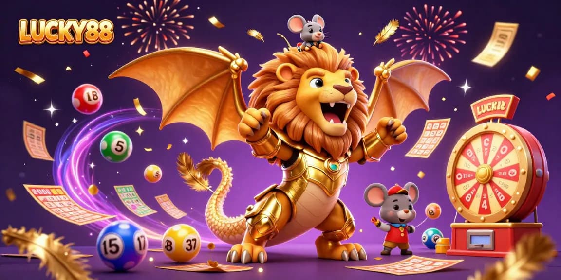 Join the LUCKY88 action with vibrant lottery elements in a festive 3D illustration.