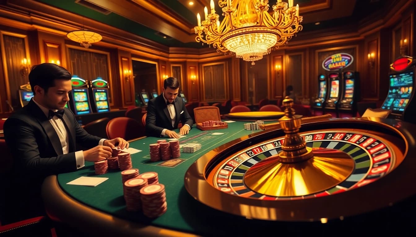 Experience thrilling poker gameplay at Okfun, highlighting colorful chips and elegant players in high-stakes action.