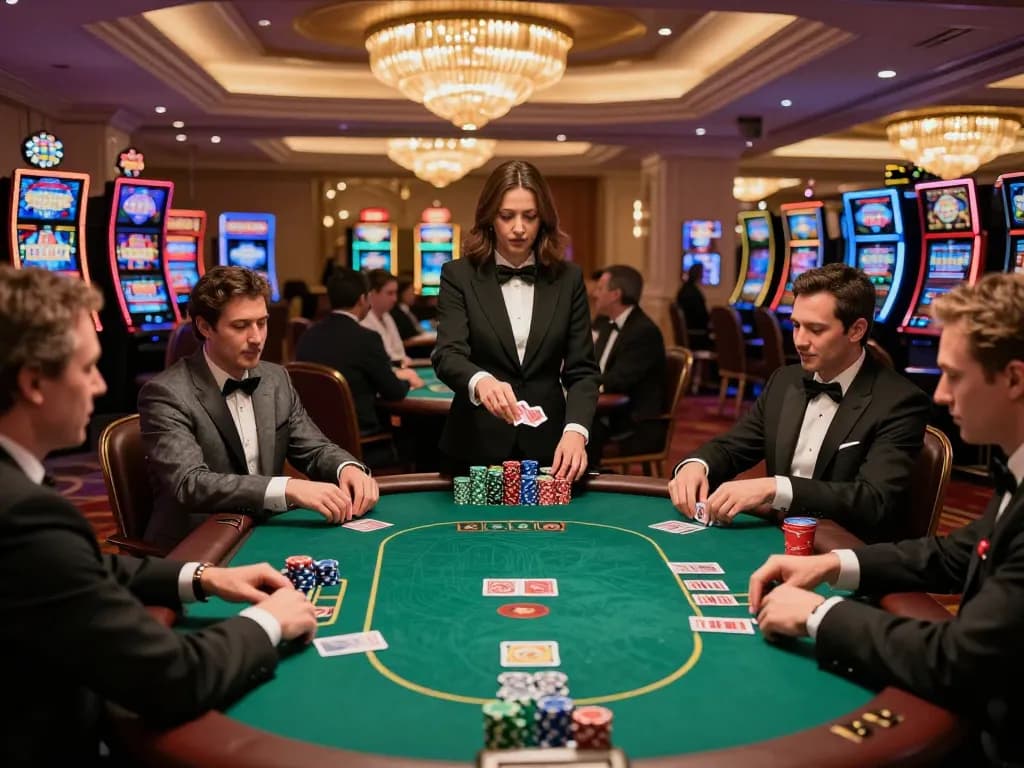 MM88 poker game in progress with players engaged at upscale Las Vegas casino tables
