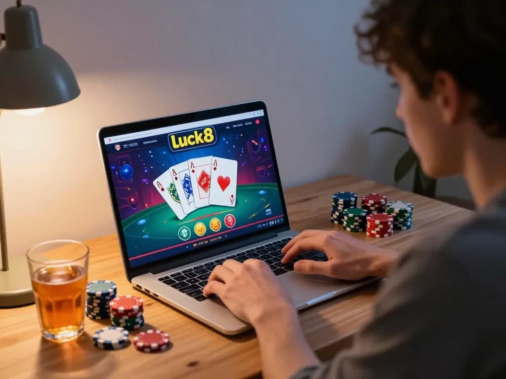 Engaged player enjoying luck8 casino gameplay on a laptop in a cozy home setting