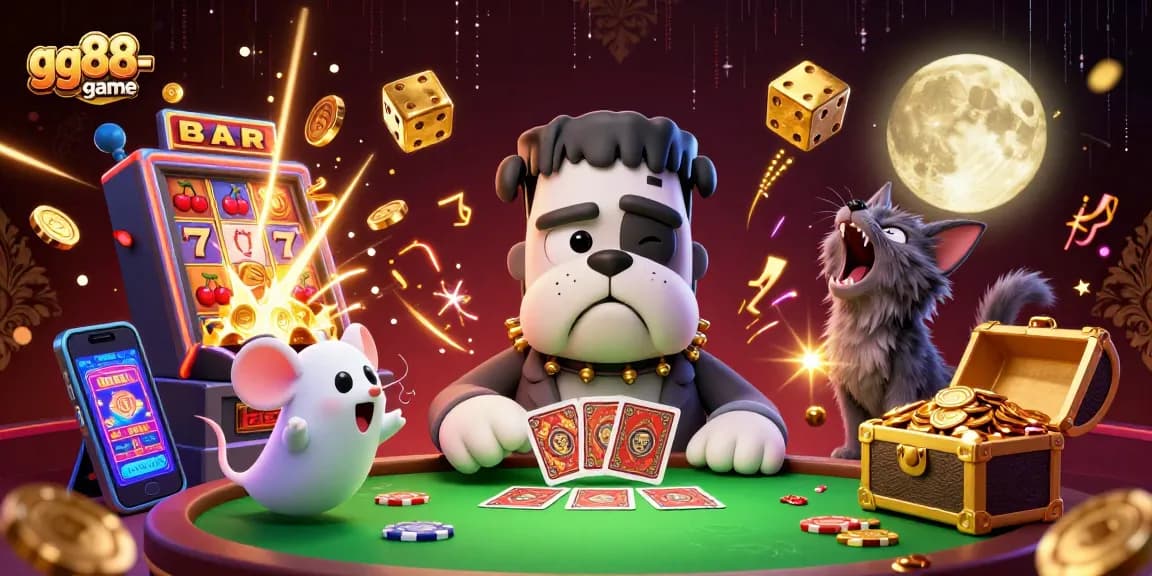 Win big with gg88-game as a cartoon bulldog dealer shuffles cards amidst casino excitement.