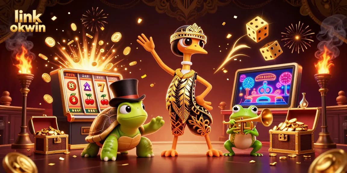 Experience thrilling games at link okwin with a vibrant 3D casino scene featuring engaging characters.