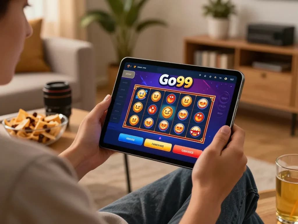 Player enjoying Go99 online gaming experience on tablet in cozy home setting