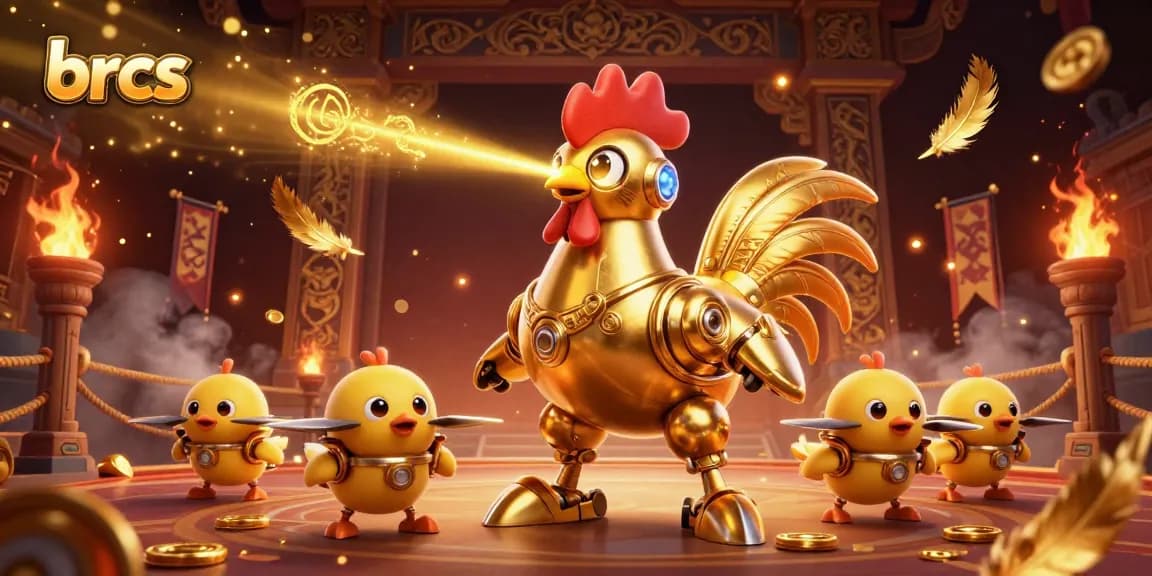 brcs dynamic casino scene featuring a golden rooster robot and baby chick drones, laser-engraving winning patterns