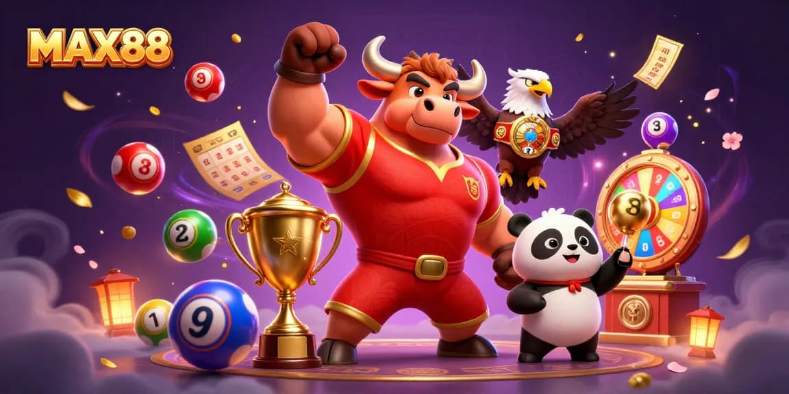 Engage in exciting gameplay at MAX88 with a victory pose from our mascot, surrounded by vibrant casino elements.