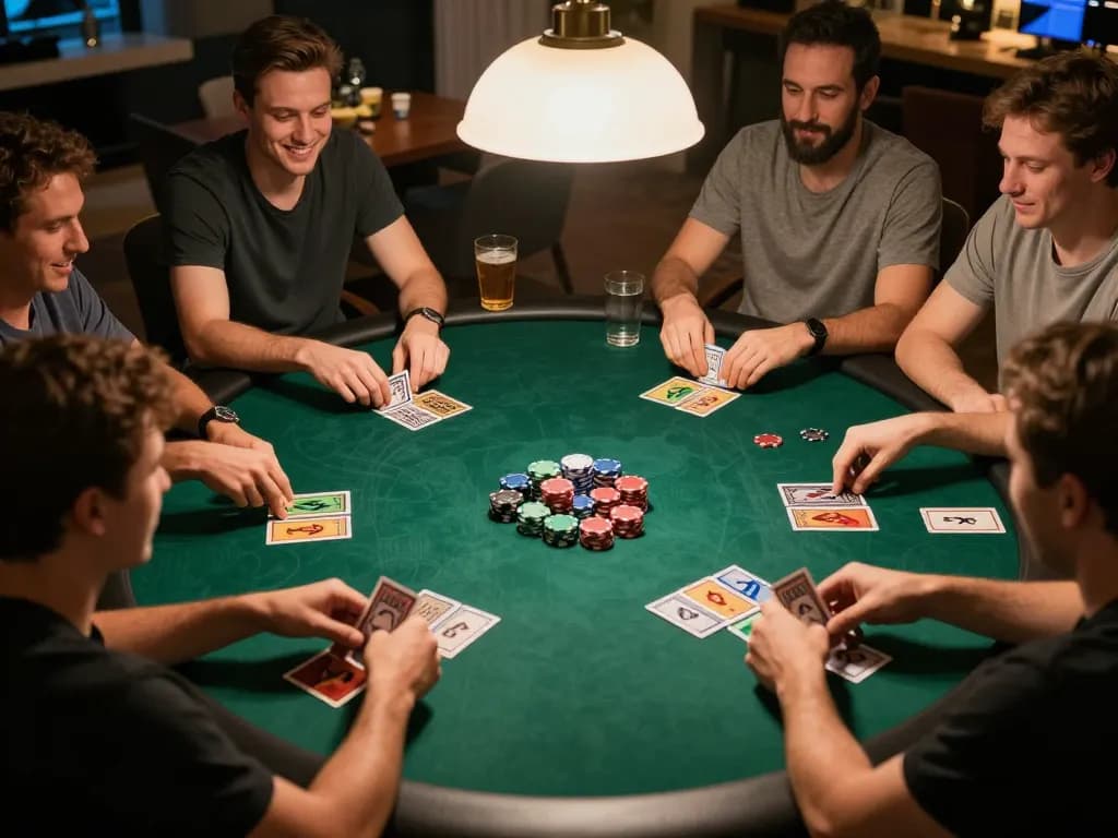 Friends enjoy a thrilling poker night with strategic bets and card reveals at home, stepballl.