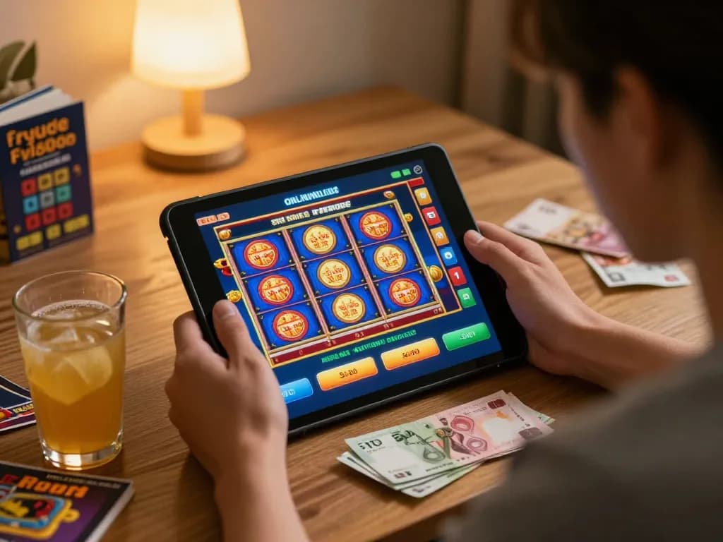 Engaging online casino gaming session with fly8800 slot games on tablet amid a cozy home environment.