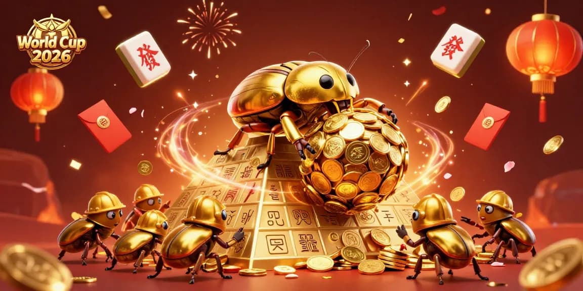 Engage with World Cup 2026 excitement as the golden beetle rolls casino coins amidst vibrant celebrations.