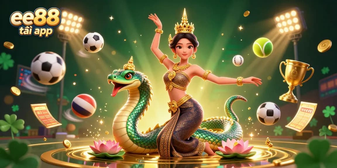 Engage with the ee88 tải app for thrilling casino action featuring a graceful dancer and Naga serpent.