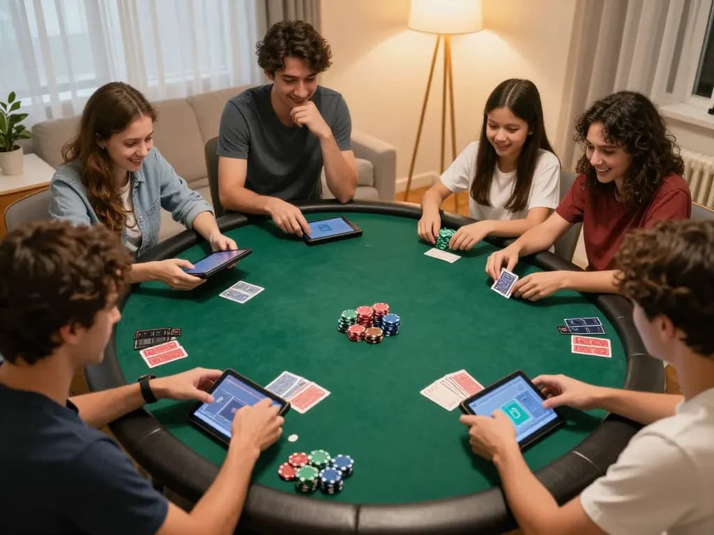 Players enjoying an online poker game on their devices, showcasing 23win in an engaging home setting