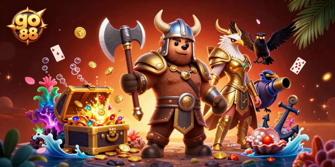 Experience thrilling gaming action with go 88 in this vibrant casino illustration, featuring unique characters and elements.