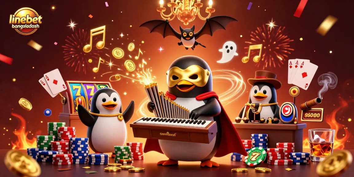 Watch the 3D illustration of linebetbangladesh featuring a penguin playing an organ shooting coins.
