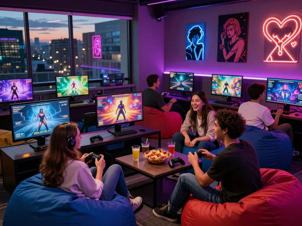 Engaged gamers enjoying interactive porn games in a modern lounge setting.