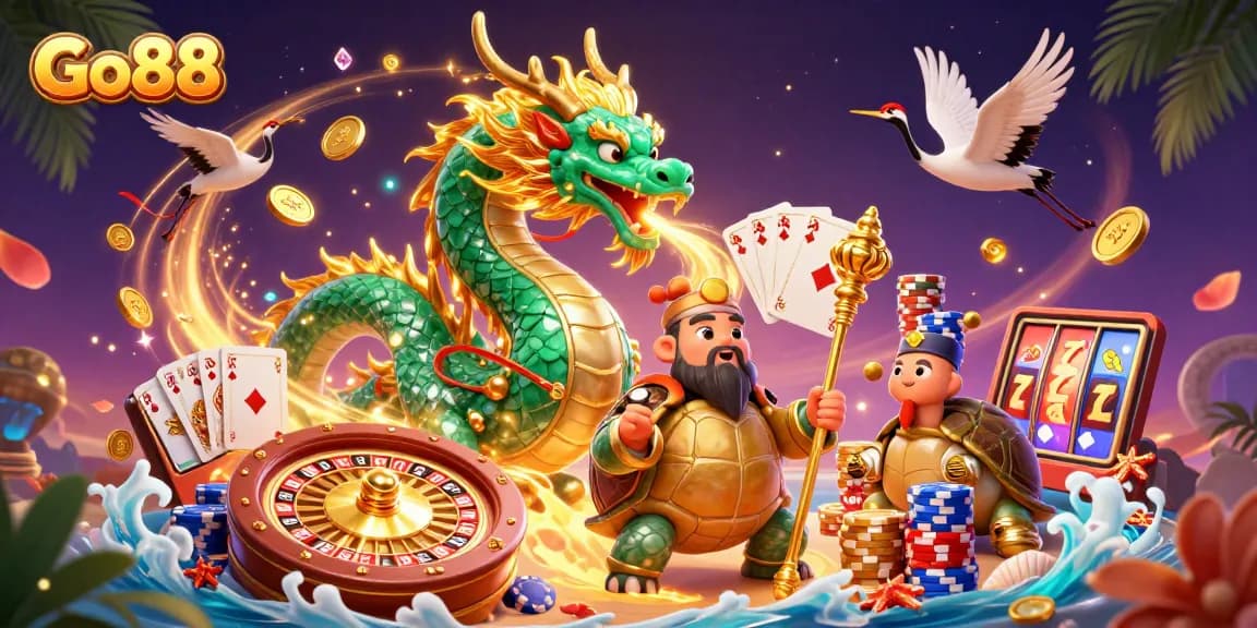 Engage with Go88's thrilling gaming adventure featuring a dragon, turtle sage, and lucky cranes.