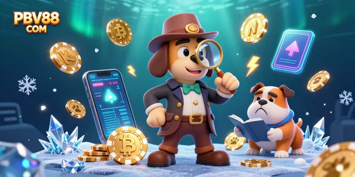 Experience thrilling clues with PBV88 COM as a detective analyzes a poker chip amidst vibrant casino elements.