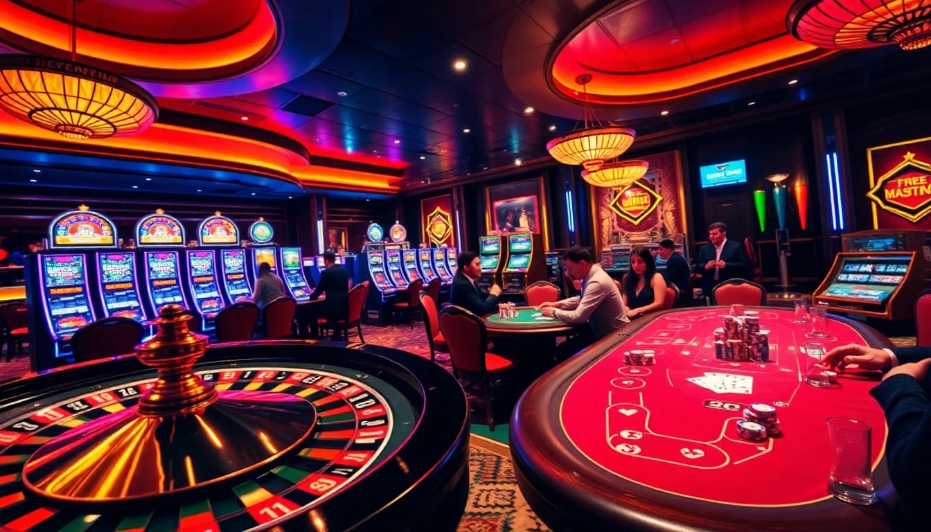 Experience the thrill of winning at https://98winmb.com/ with an exciting casino scene featuring roulette and poker tables.