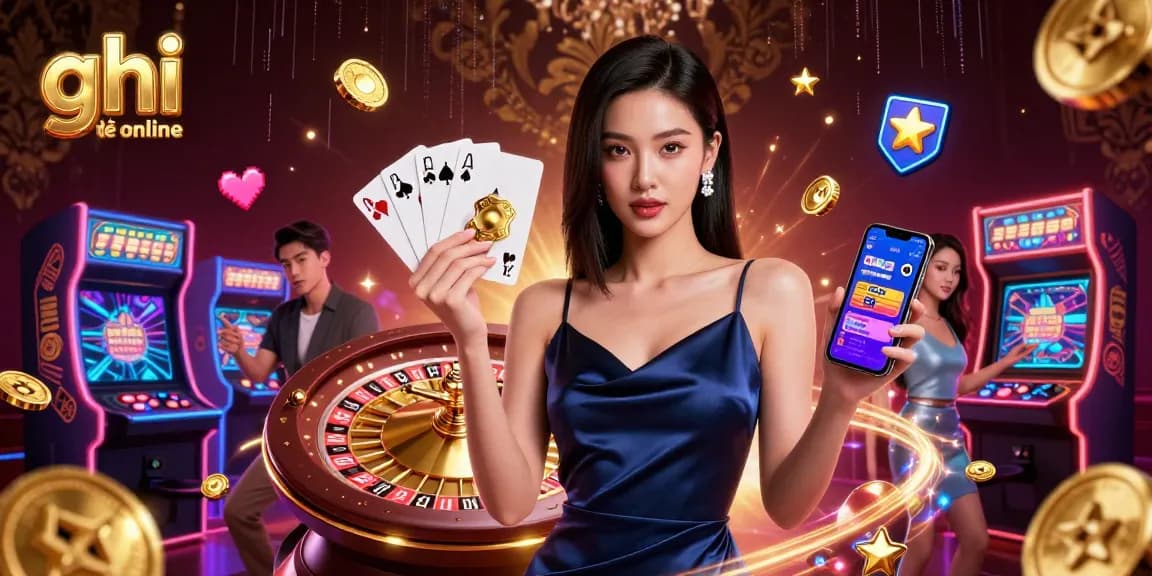 Experience ghi đề online with a confident player holding a smartphone and golden chip, surrounded by vibrant casino elements.