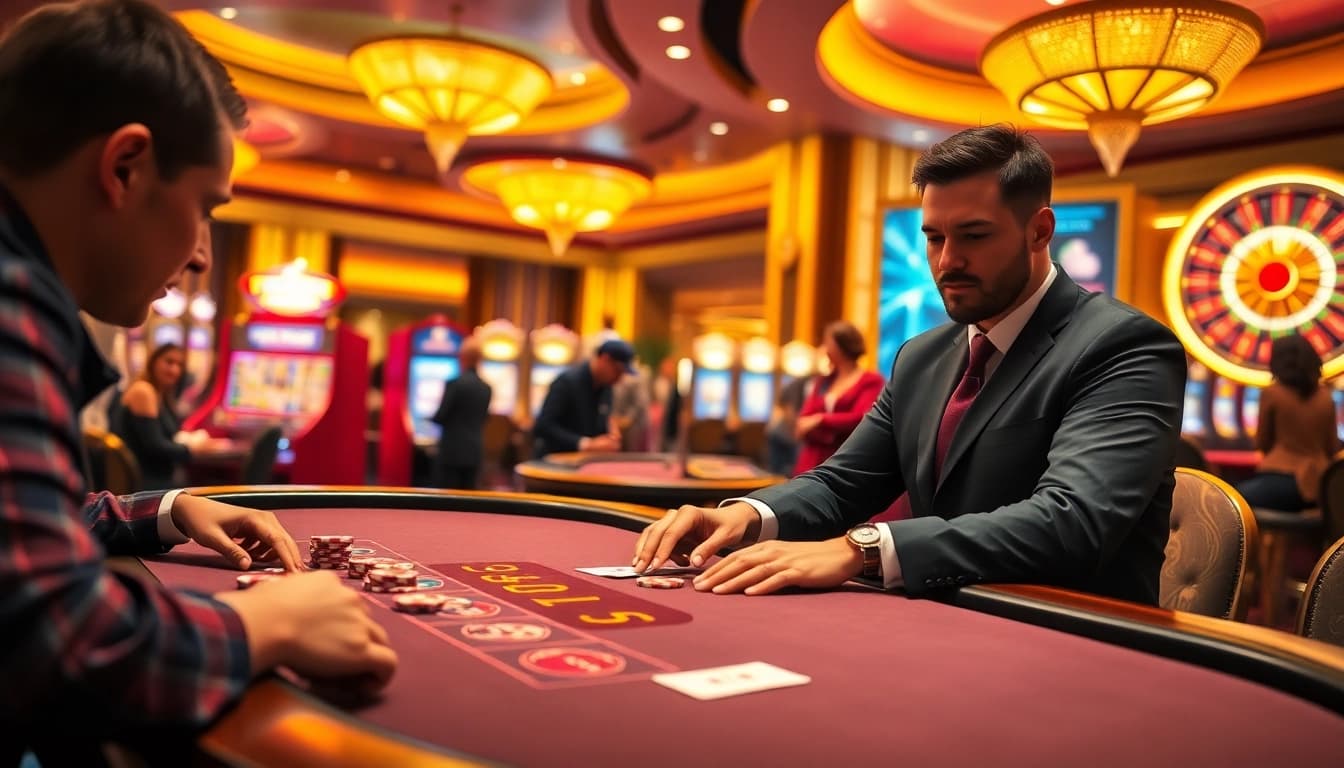 Experience the excitement of TG88 with dynamic gambling visuals featuring poker and slot machines.