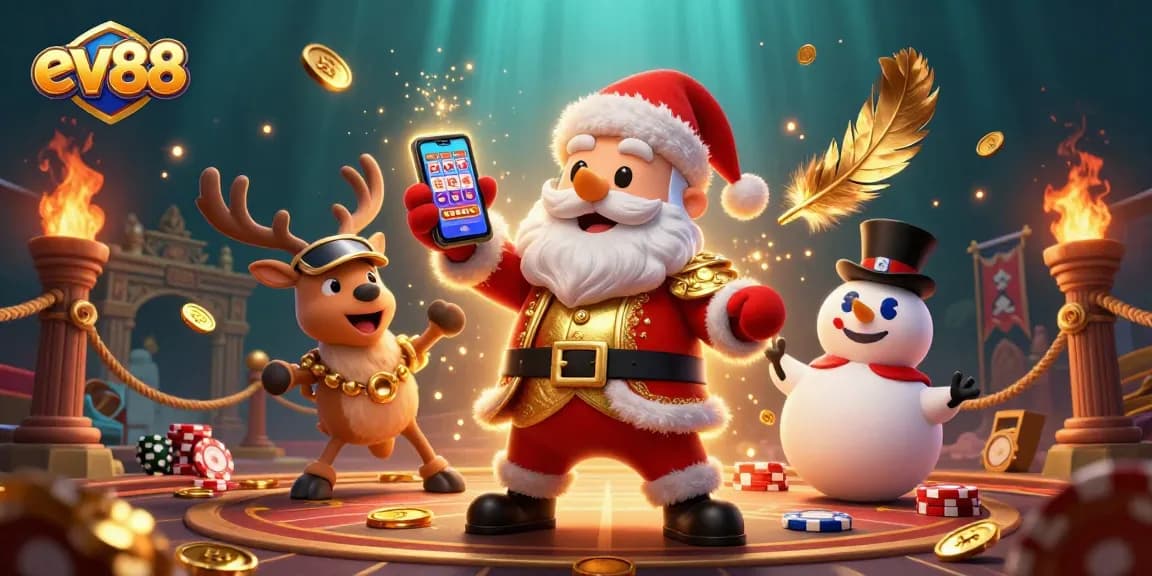 Engage with ev88's excitement as Santa Claus reveals jackpot slots, surrounded by casino magic.