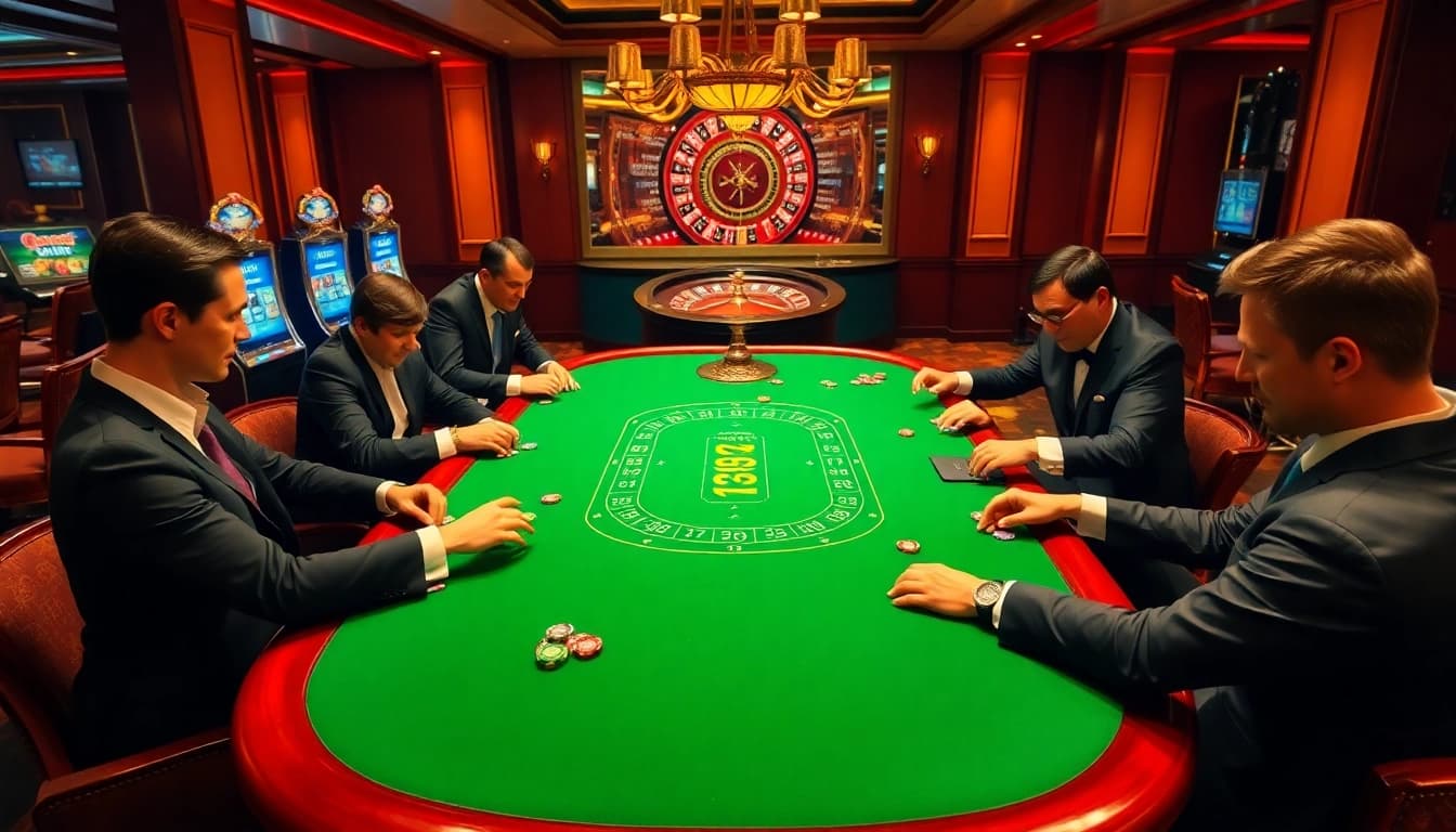 Excited players at 13win.com engage in high-stakes gambling with cards and chips.