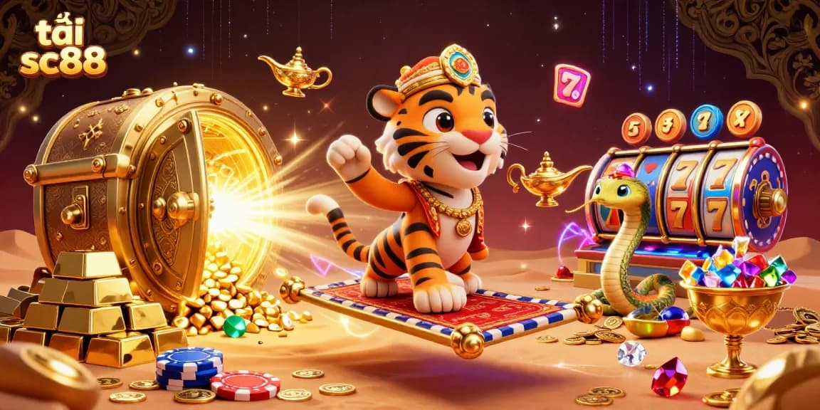 Experience the thrill of tải sc88 with an engaging 3D casino scene featuring rich treasures and vibrant characters.