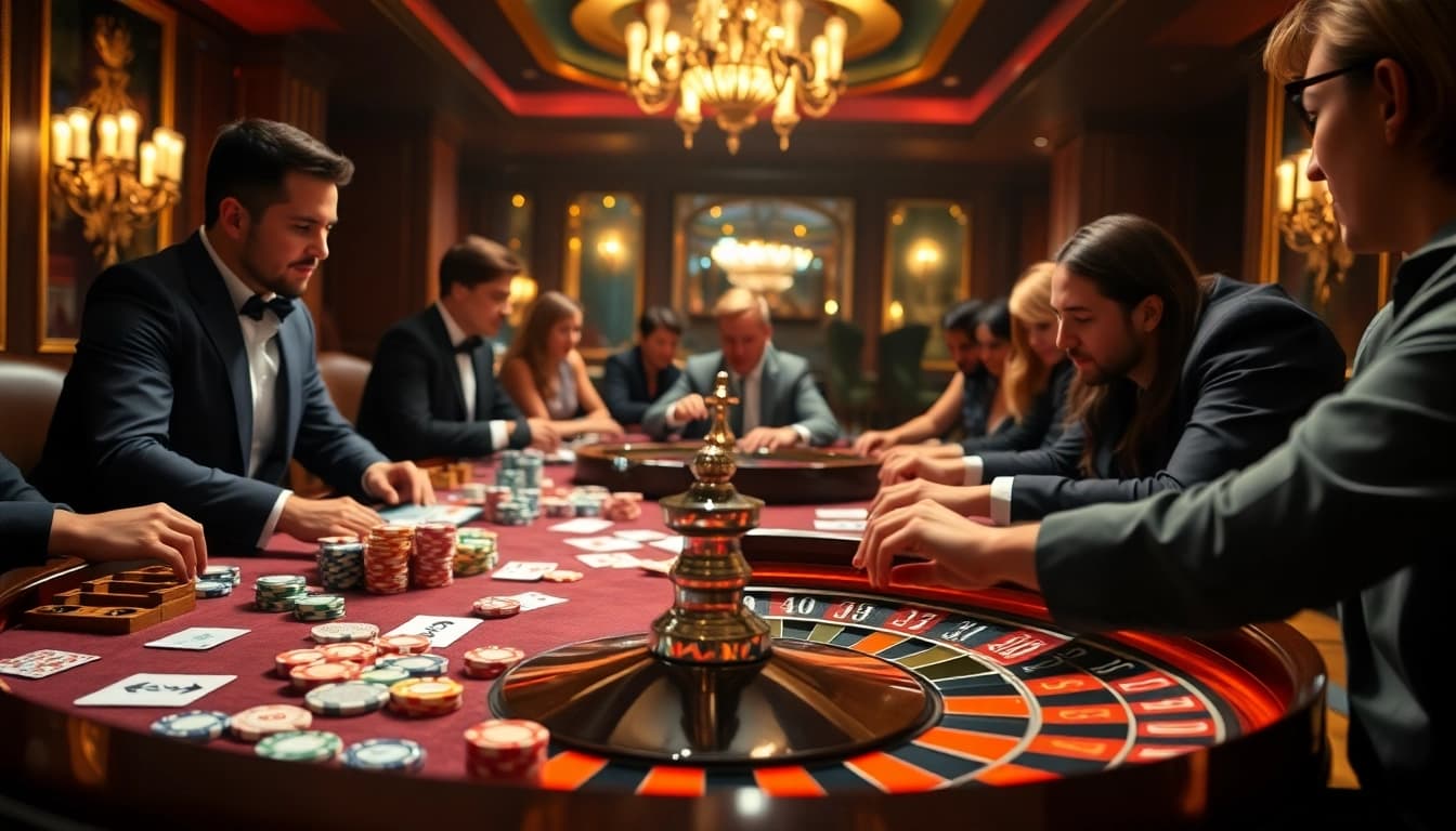 Players enjoying high-stakes gaming at Nhà cái 8DAY casino table with vibrant chips and cards.