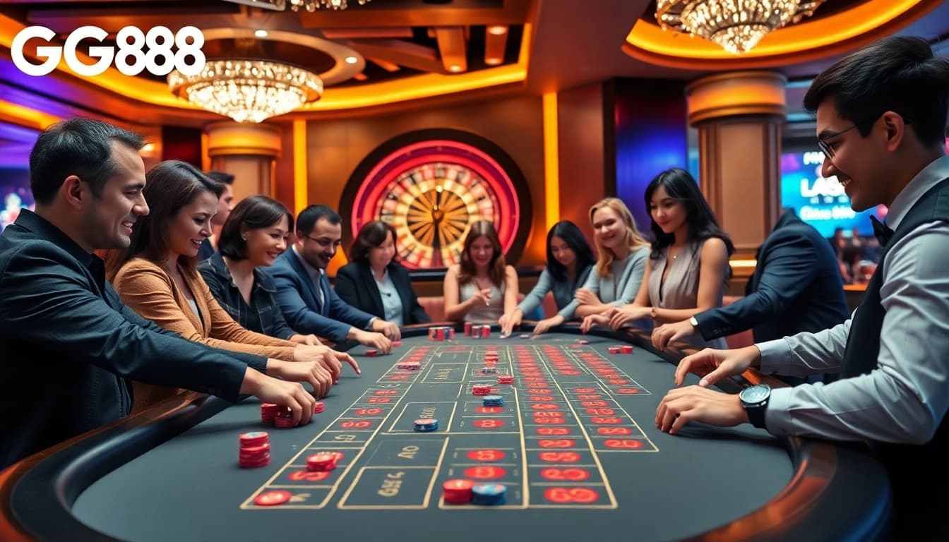 GG88 players enjoying a thrilling baccarat game at an elegant casino table with vibrant chips.