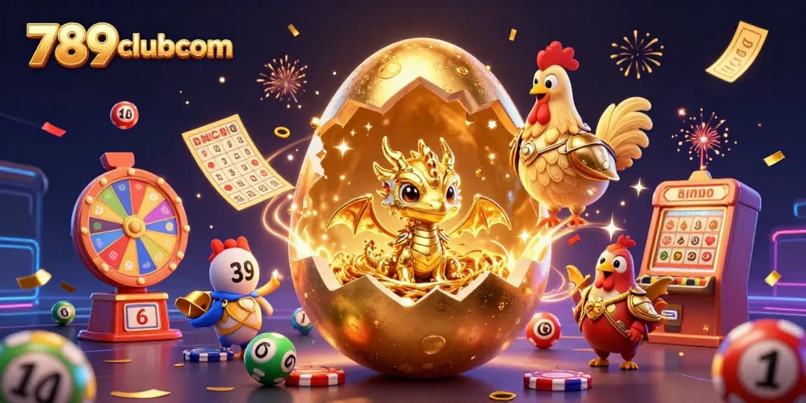 Win big with 789clubcom as a golden egg reveals a gold dragon amidst dynamic gaming elements.