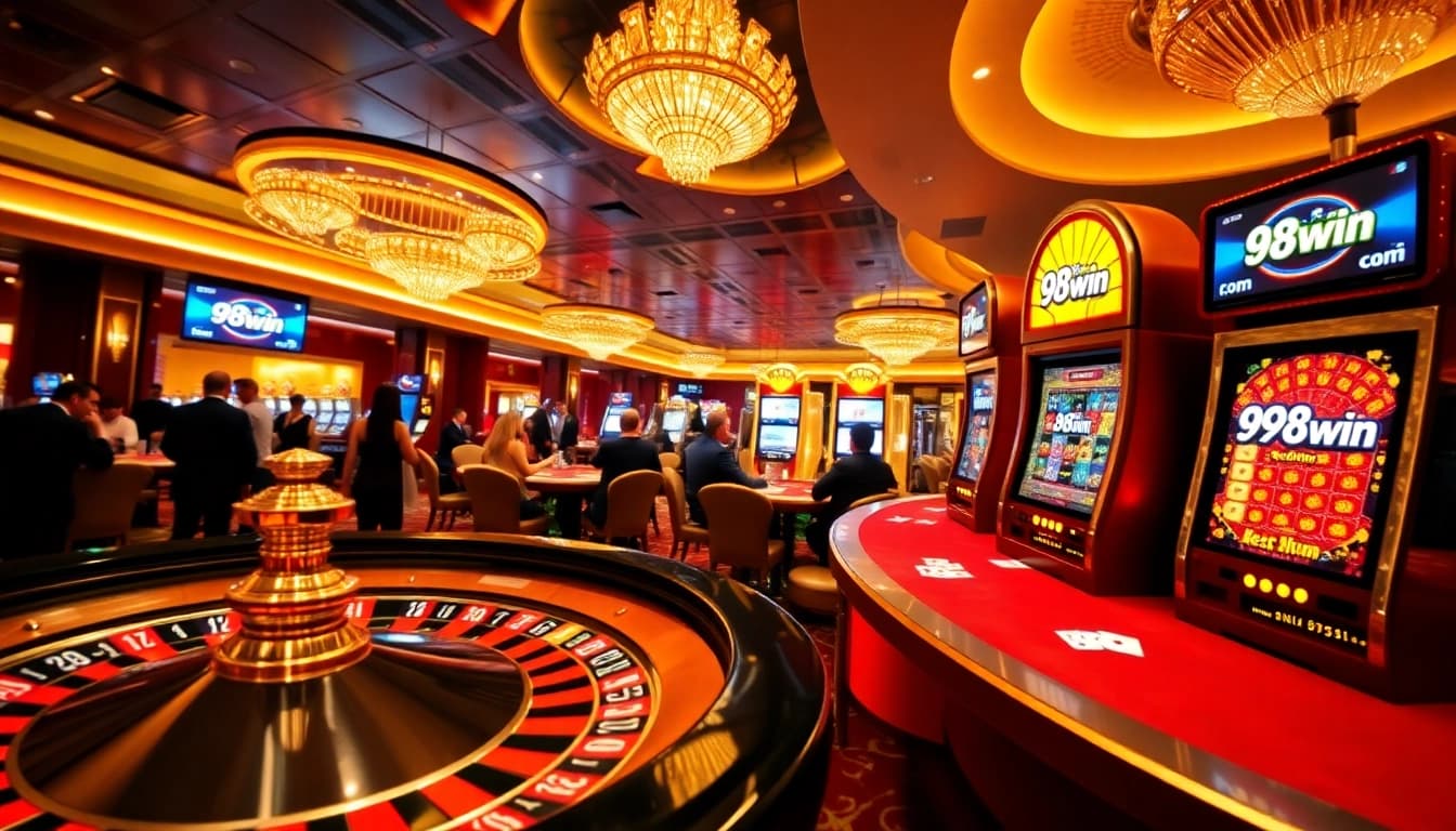 Experience the excitement at 98win com, with players engaging at a luxury casino gaming table.