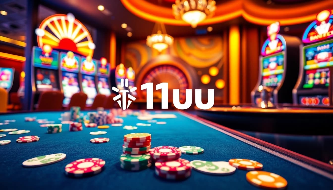 Enjoying an exciting game at a 11uu casino table featuring colorful cards and vibrant slot machines.