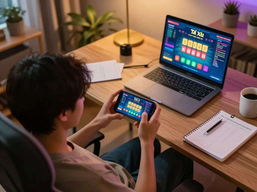 Engaging with a Tài Xỉu online casino app on smartphone, showcasing responsible gaming atmosphere