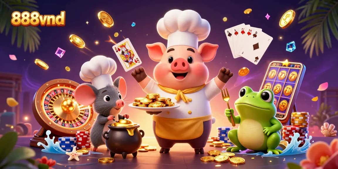 Eagerly play with 888vnd's gaming magic, featuring a whimsical chef pig serving gold coins amid vibrant casino elements.