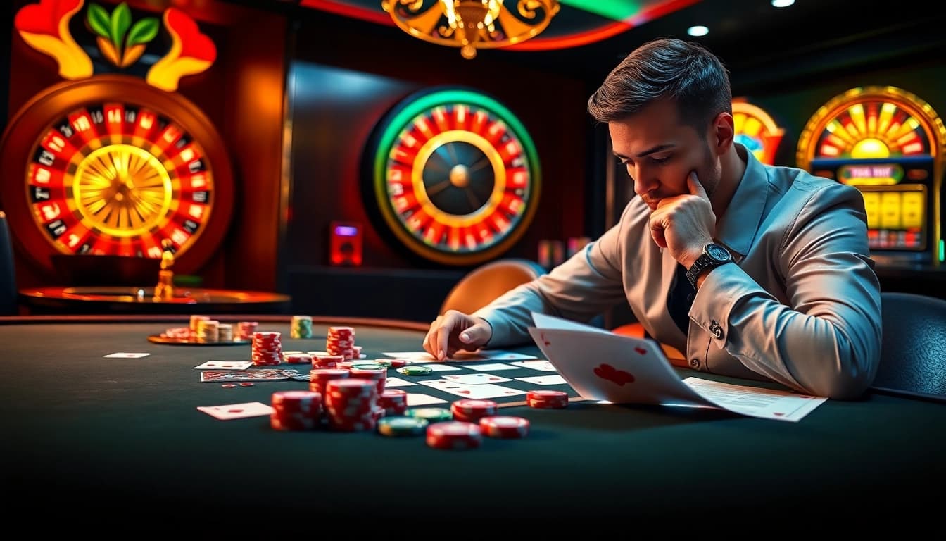 A gambler strategizing while enjoying games at okfun.com with casino chips and cards.