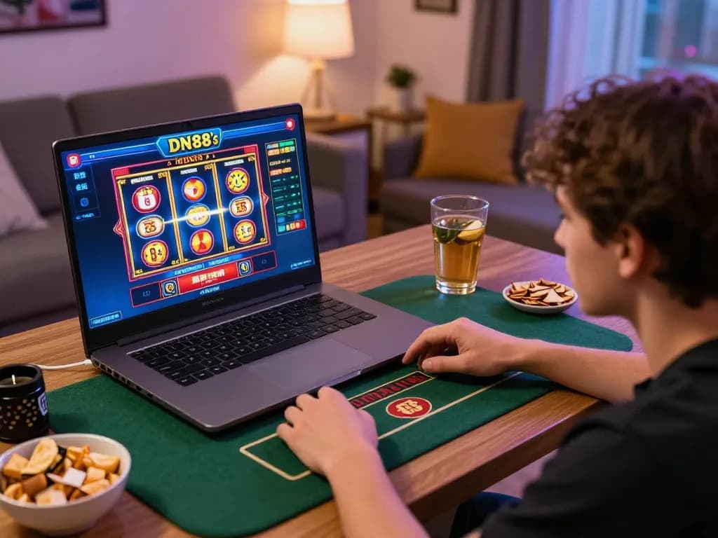 Person enjoying online gaming on DN88 with cozy setup and casino graphics.