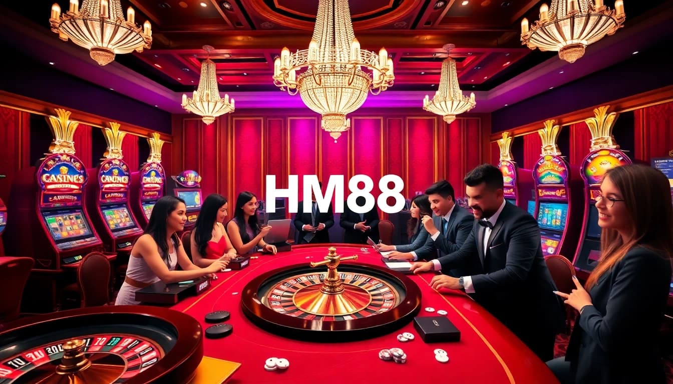 Experience the excitement of HM88 at a luxurious casino table with vibrant roulette wheels and poker chips.