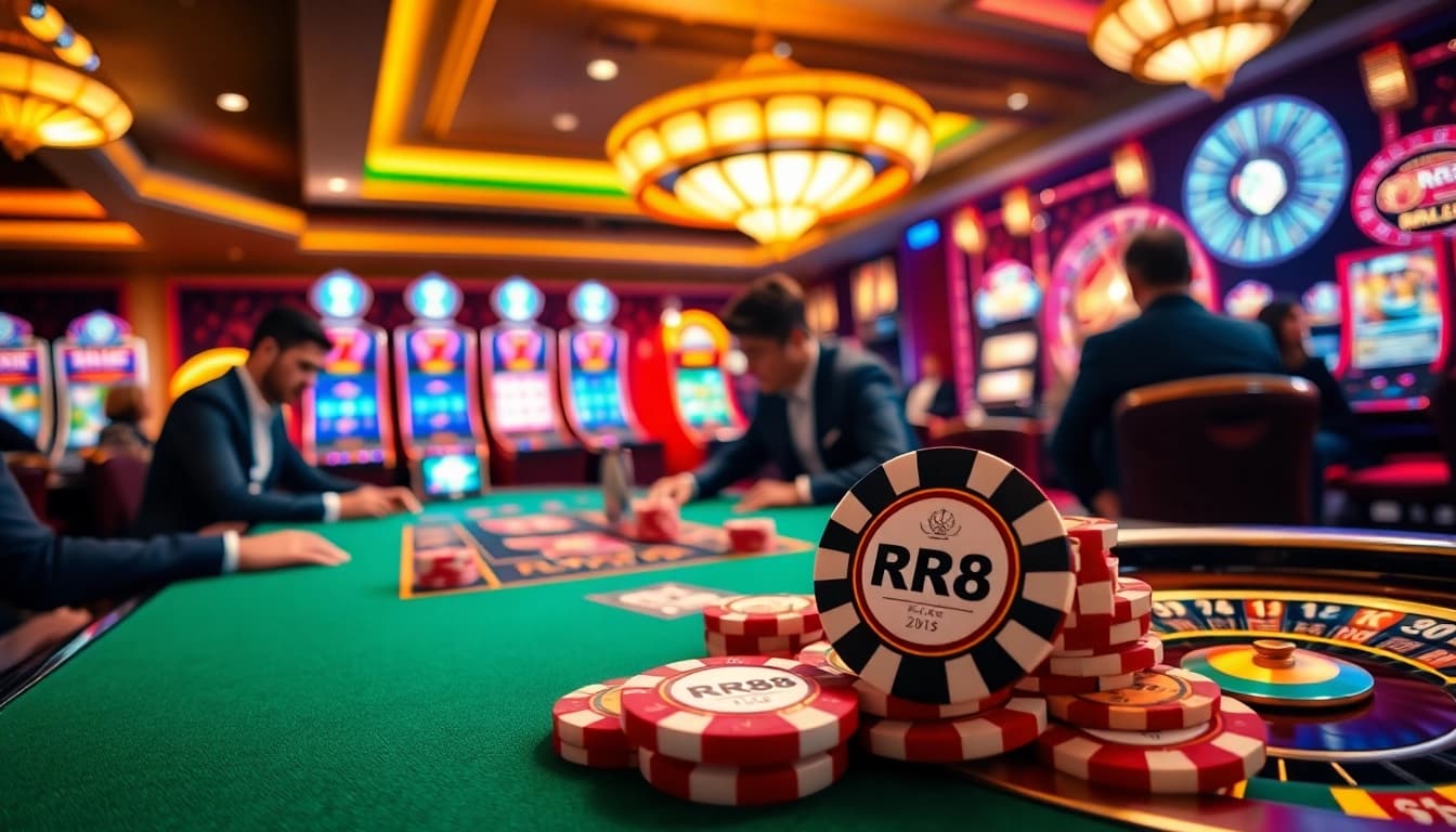 Play exciting poker with RR88 chips in a luxurious casino setting.