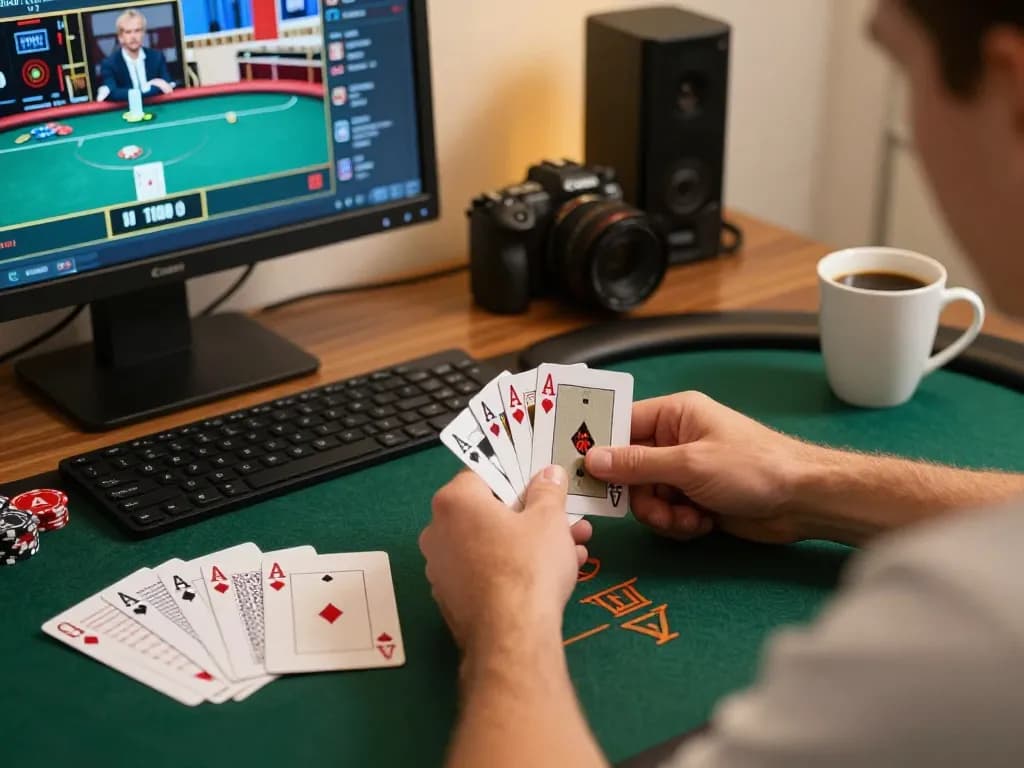 Player enjoying an online poker game at home with ax88, focusing on winning strategies and notes.