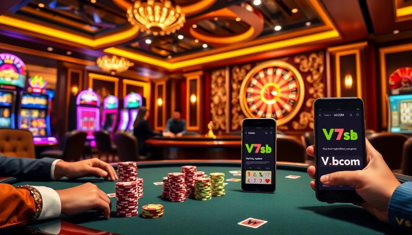 Engaging poker players and vibrant casino elements showcasing the excitement of V7sb com.