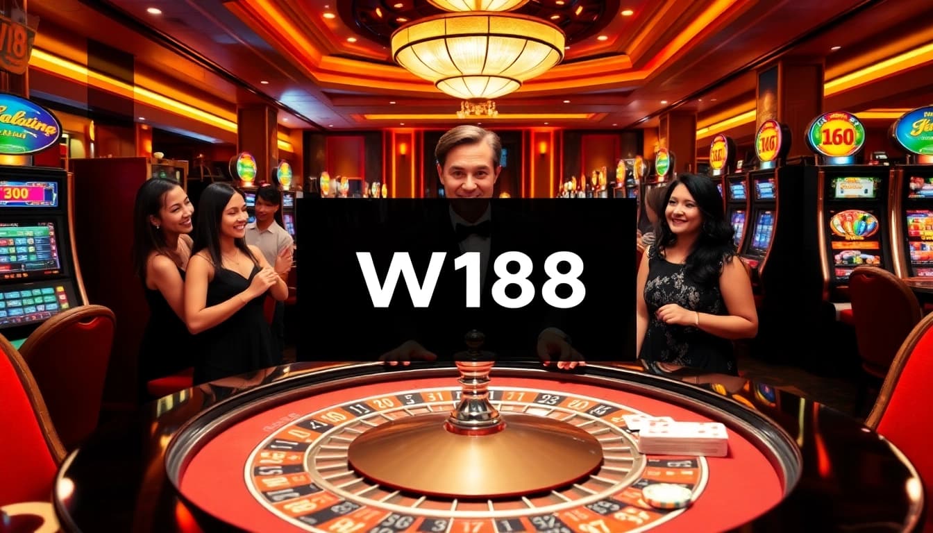 W188 players gambling at a roulette table in a luxurious casino setting, experiencing excitement and strategy.
