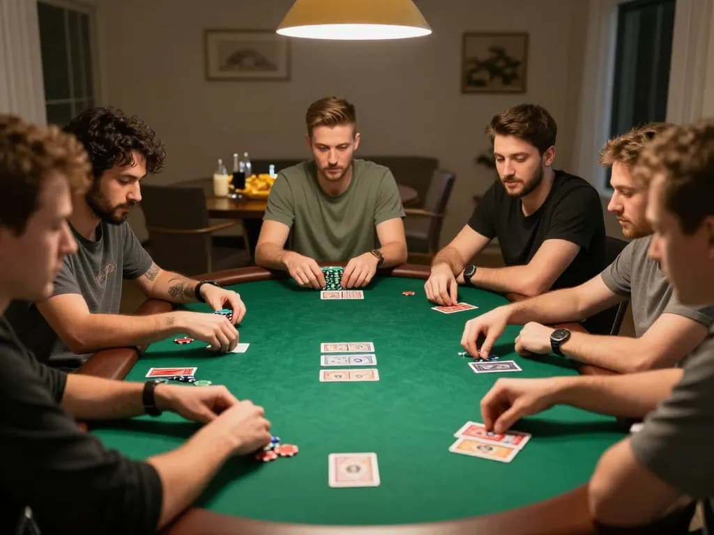 hb88 poker night scene with friends engaged in gameplay and colorful chips on a green felt table