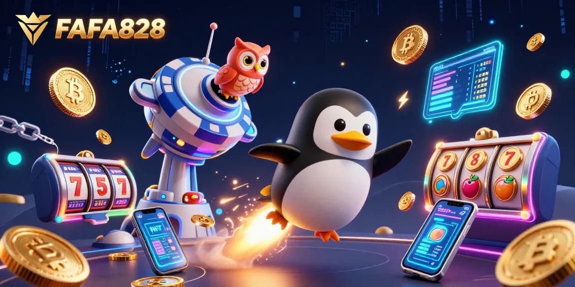 Win big at FAFA828 with a dynamic 3D illustration featuring a golden penguin and slot elements