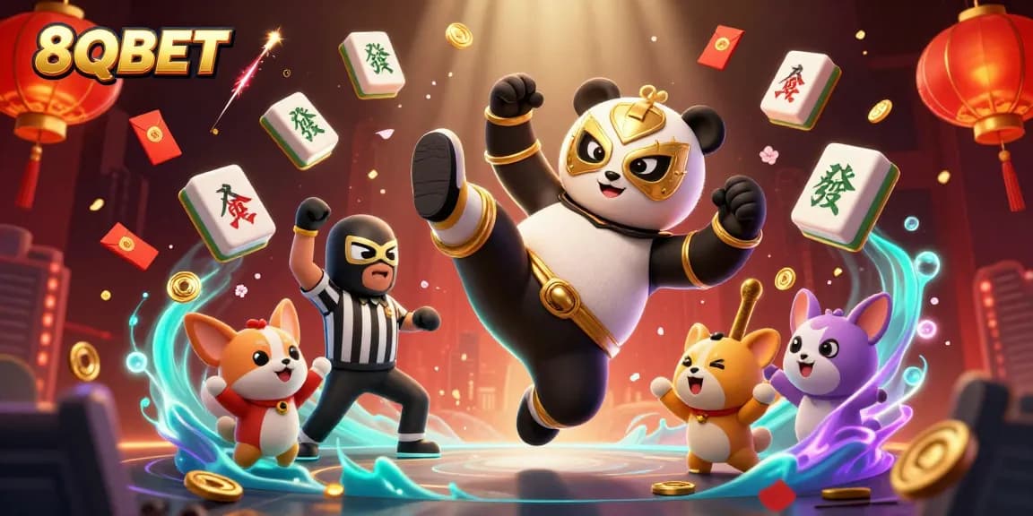 Experience high-energy gaming action at 8QBET with vibrant characters and casino elements.
