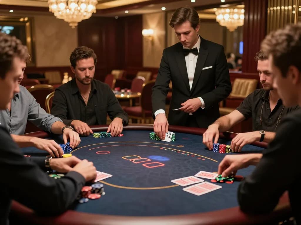 Players enjoying a high-stakes game at a QQ88 luxury poker table in an upscale casino
