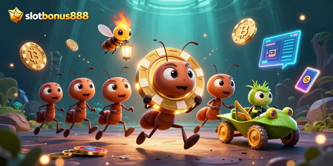 Join the slotbonus888 heist with ants carrying a giant poker chip amid vibrant casino elements.