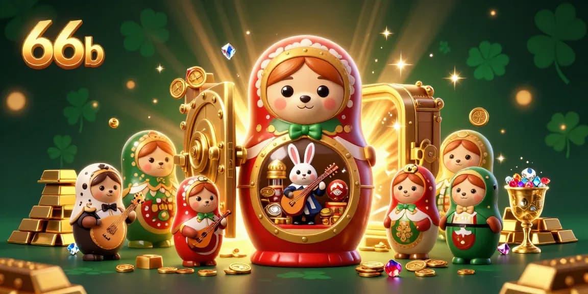 Engage with 66b's dynamic casino-themed illustration featuring playful characters and shiny treasures.