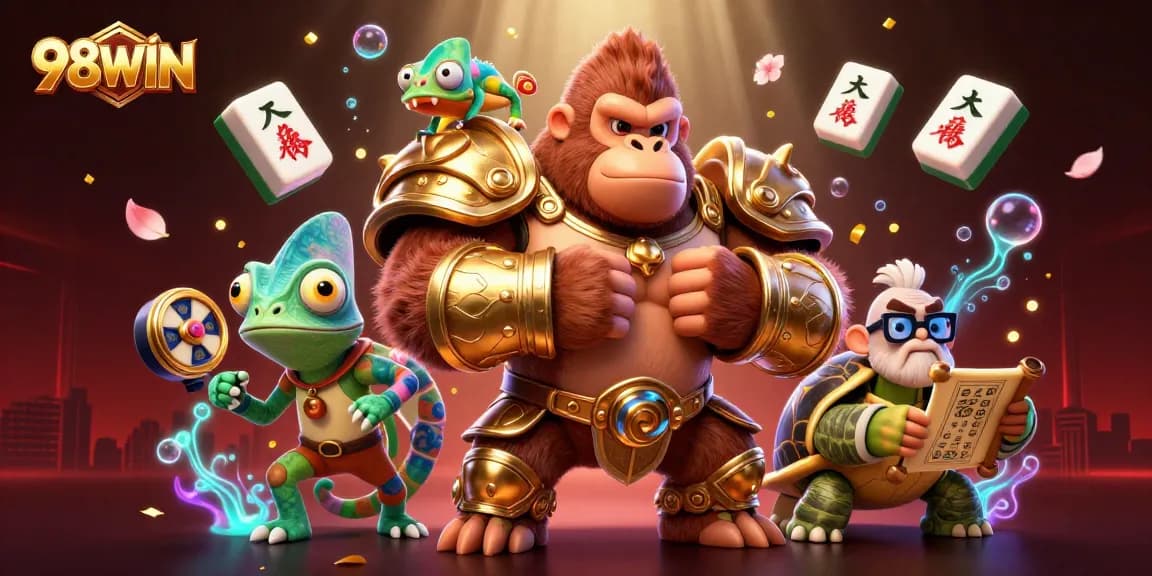 Experience the dynamic world of 98WIN with a 3D casino scene showcasing vibrant game elements and characters.