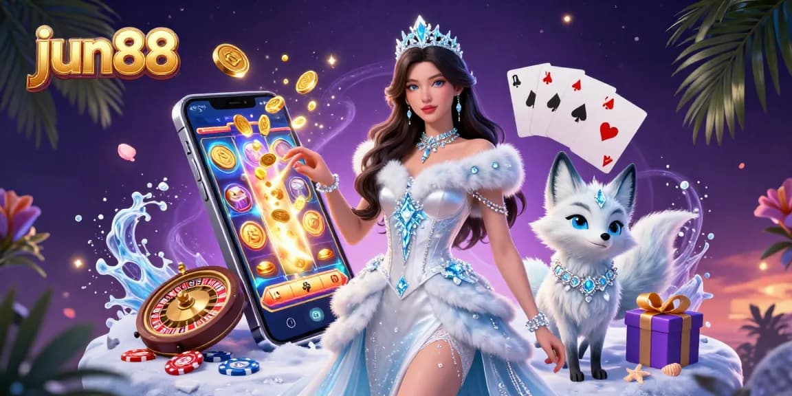 Spin and win at jun88 with an enchanting woman and arctic fox in a vibrant casino scene.