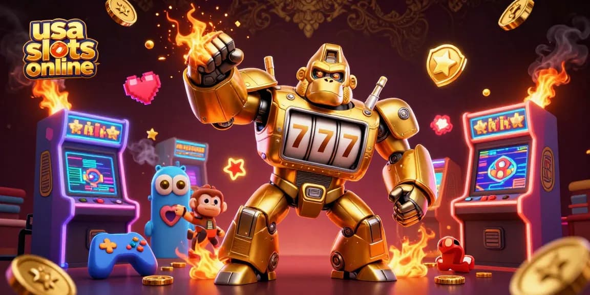 Win big with usa slots online, featuring a golden gorilla mech and dynamic gaming icons.