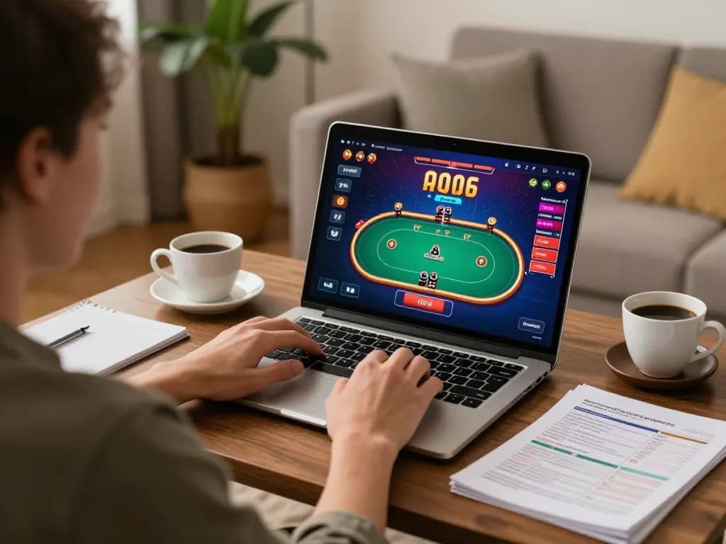 Person gaming on 13winco online casino site, focused on poker strategy.